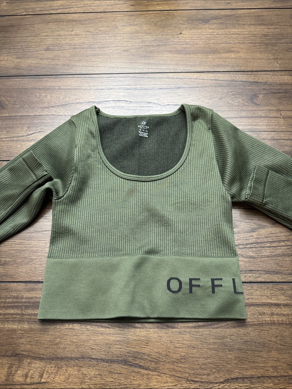 aerie Olive Scoop Neck Ribbed Crop Top with Hem Lettering